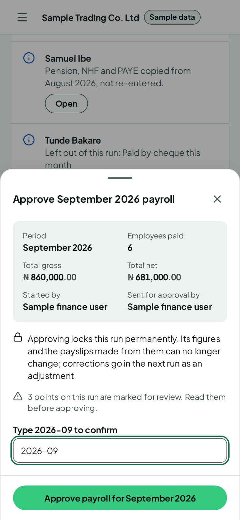 Approving a payroll run on a phone: the totals, who prepared it, and a field to type the month to confirm
