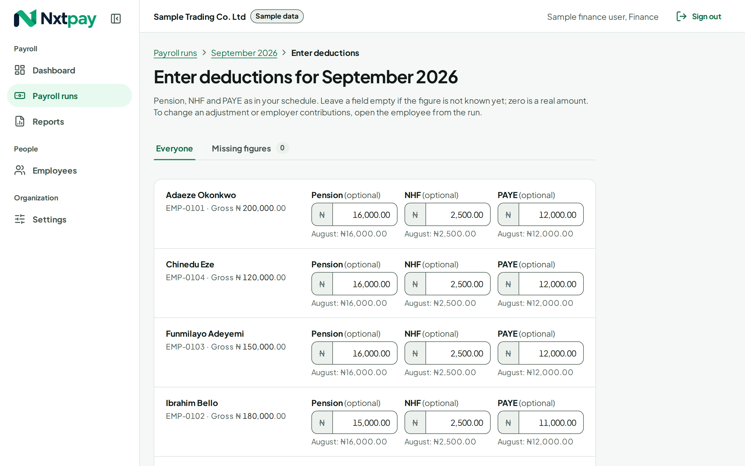 Entering a month’s PAYE, pension and NHF for each employee, with figures copied from last month marked