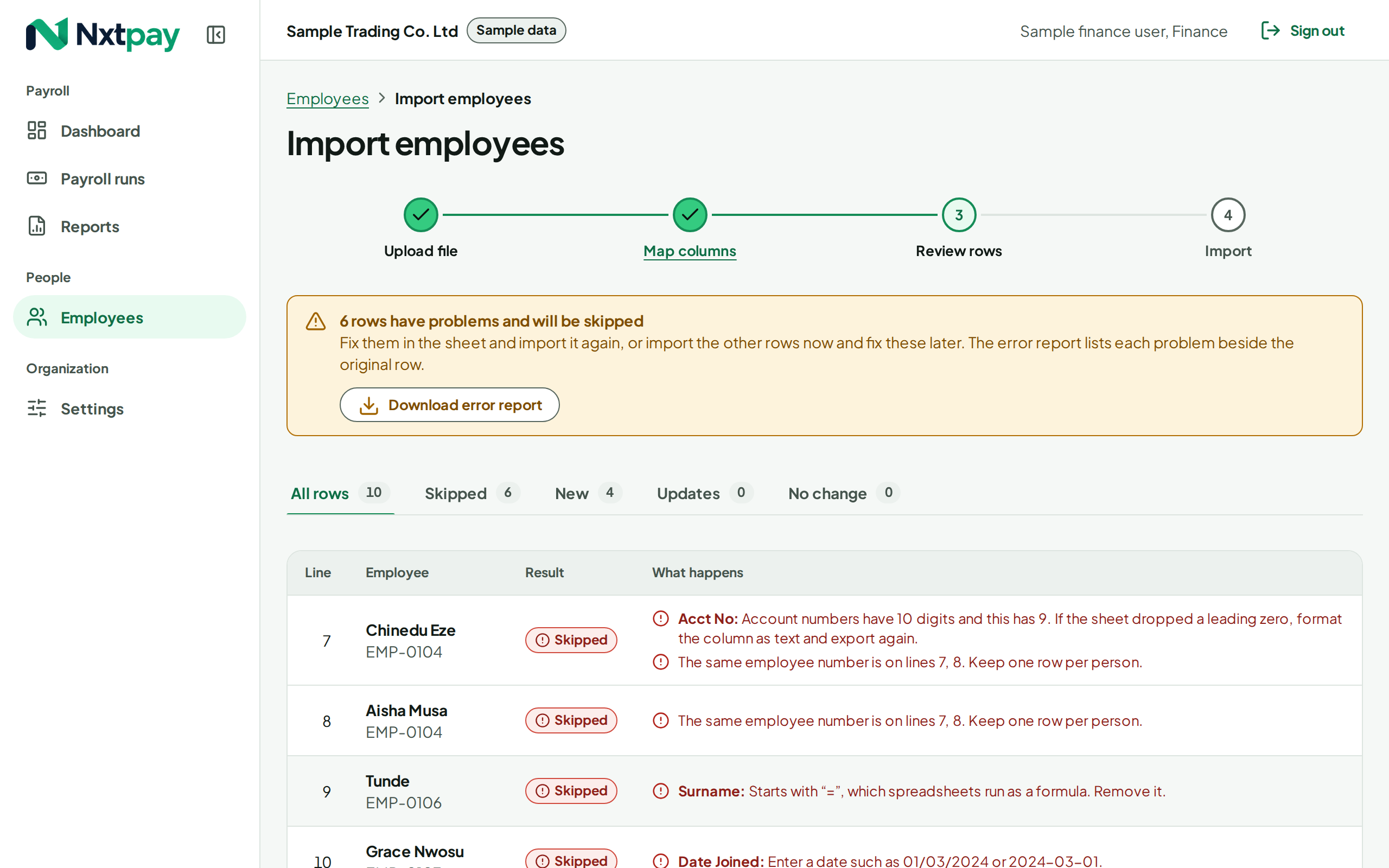 Reviewing an employee import: each row shows whether it will be created or updated, and rows with problems are listed with the fix