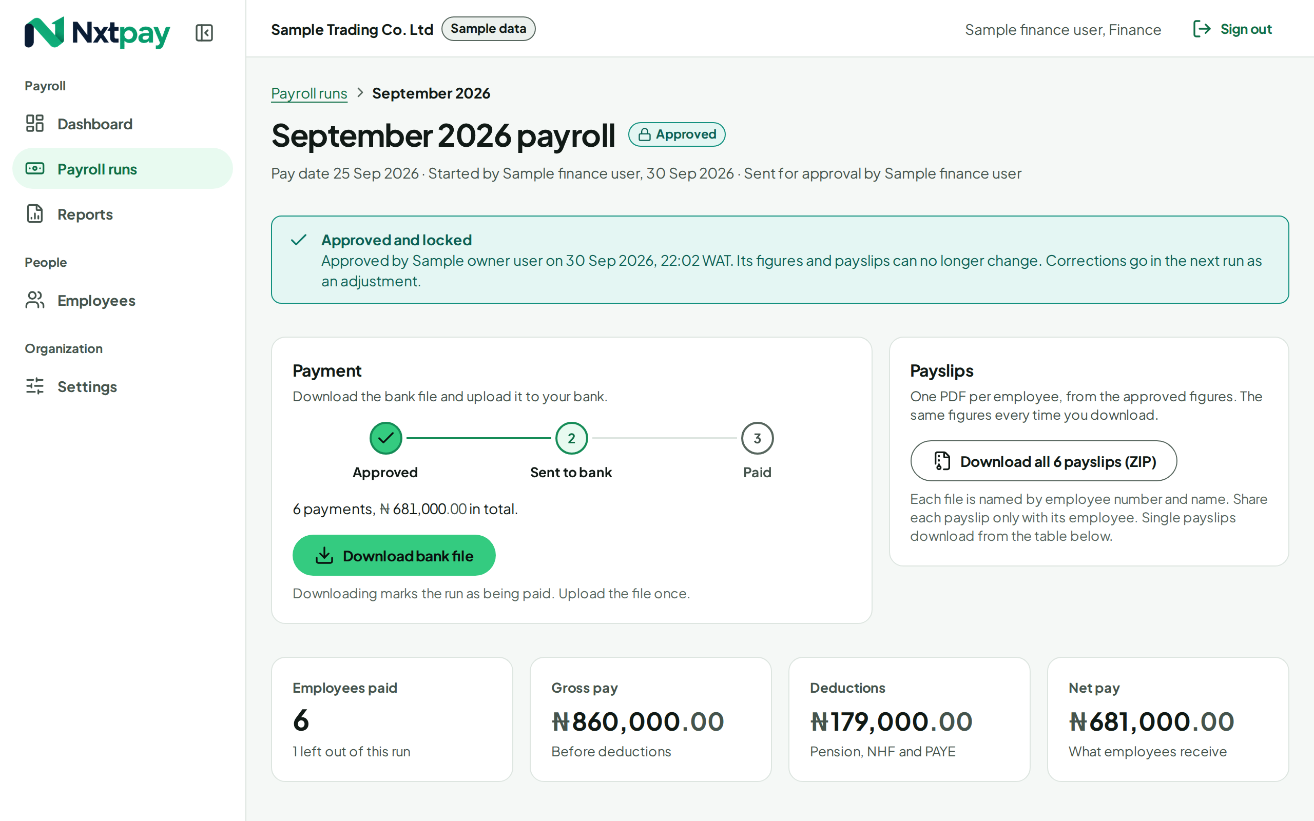 An approved, locked payroll run with its payslips and bank file ready to download