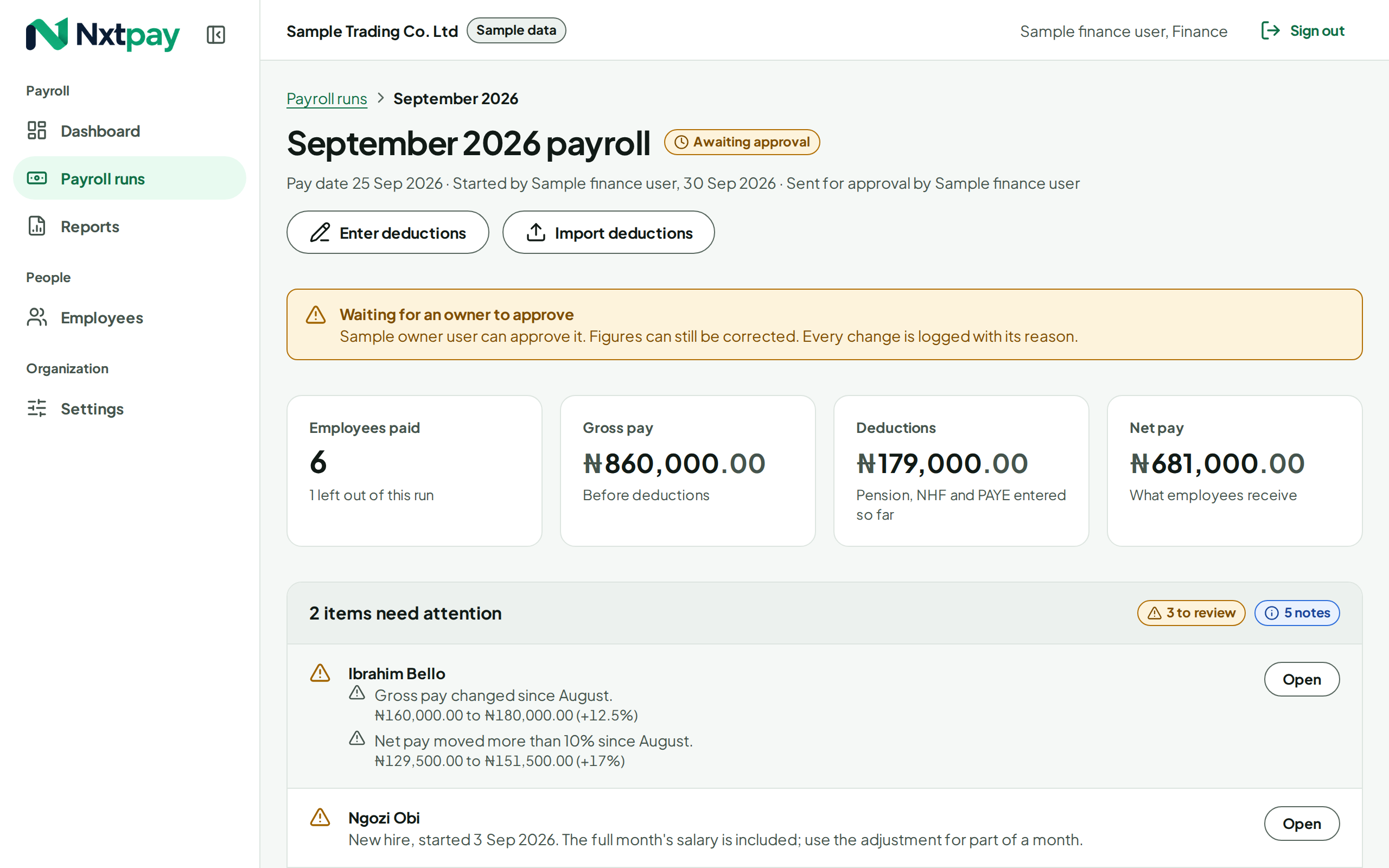 Reviewing a payroll run: exceptions such as new hires and changed figures listed first, the totals above the full table